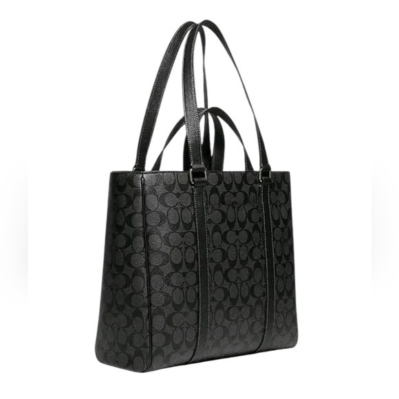 Coach Hudson Double Handle Tote Signature Canvas & Leather Charcoal Black UNISEX - Picture 2 of 4